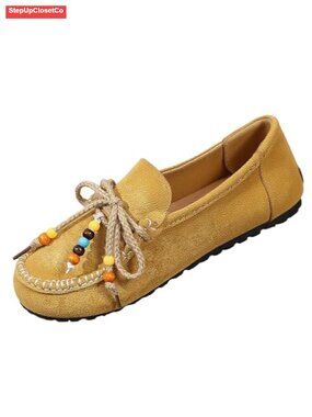 Women's Suede Mocc Boho Slip On Flats Bohemian Beaded Shoes